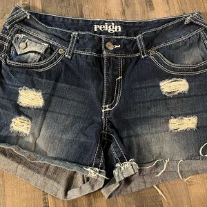 Reign Women's Dark Blue Distressed Jean Shorts